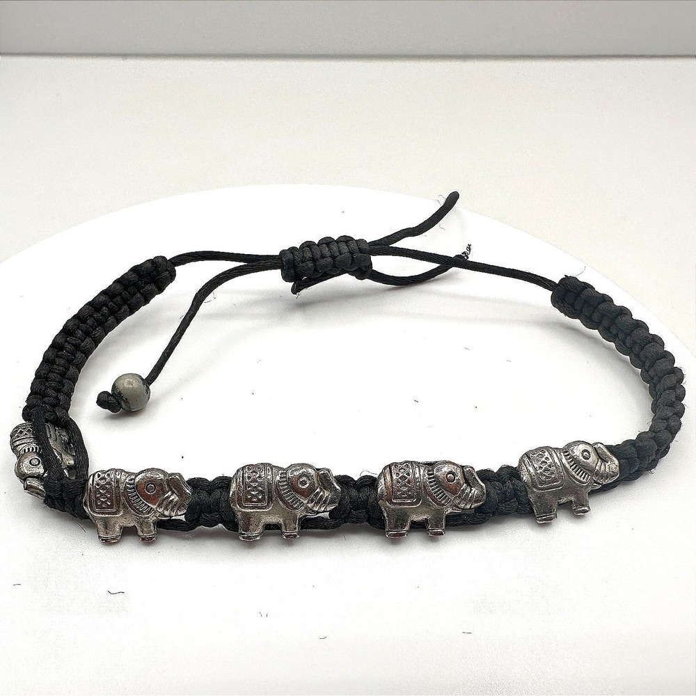 Vintage 90s Silver Tone Elephant Charm Black Braided‎ Cord Bracelet Adjustable